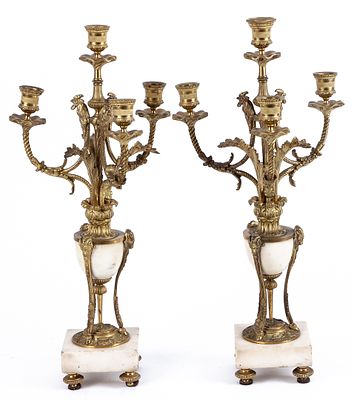 A pair of Louis XVI style gilt-bronze and white marble four-light candelabra, 19th Century 50 
