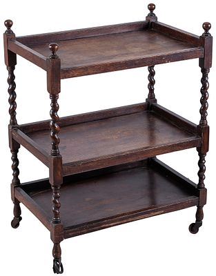 Mesa auxiliar inglesa de roble con montantes torneados y remates de bola con tres bandejas 90 x 