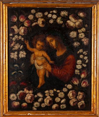 Virgen con Niño en orla de flores. Spanish School following 17th Century models “Virgin with 
