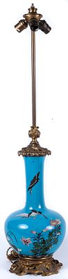 A French bronze-mounted turquoise-ground metal enamel oil lamp, crafted from a Japanese vase 