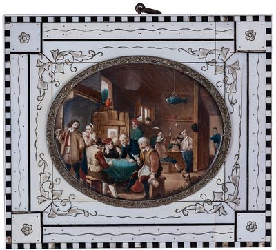 A Teniers style oval gouache miniature with tavern scene and engraved bone frame. Signed 8 x 10 