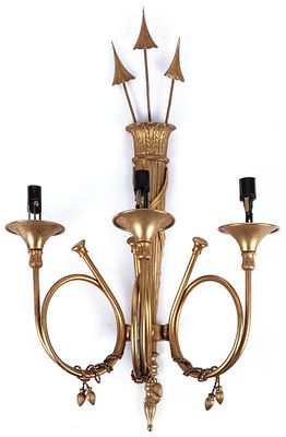 A Louis XVI style trumpet-shaped gilt-bronze three-light wall-sconce decorated with a quiver 