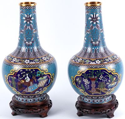 A pair of Chinese turquoise-ground cloisonne-enamel vases decorated with still life scenes on 
