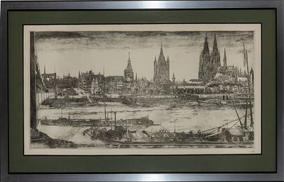 Puerto de Colonia. Alfred Will (Germany, 1906 - 1988) "Port of Cologne" Signed engraving 49 x 43 