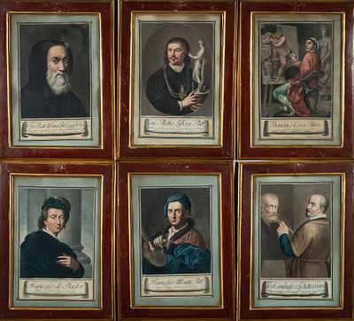 Retratos de pintores. Italian School, 18th Century "Portraits of Painters" Six colored 