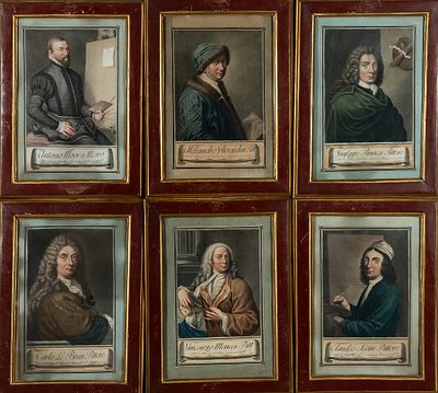 Retratos de pintores II. Italian School, 18th Century "Portraits of Painters II" Six colored 