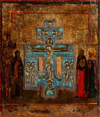 A Russian enamel icon “Christ Crucified,” painted in tempera on panel, 19th century 45 x 37 cm 