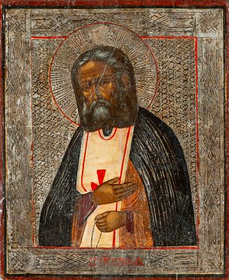 A Russian icon painted in tempera on panel depicting St. Seraphim 26,5 x 22 cm 300 - 400 €