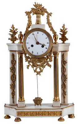 A Louis XVI white marble and gilt-bronze portico mantel clock, late 18th century 55 x 12 x 35 