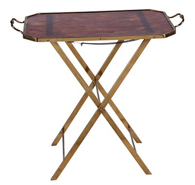 A gilt-brass folding table topped by a two-handled faux-tortoiseshell tray 60 x 35 x 66 cm 50 - 