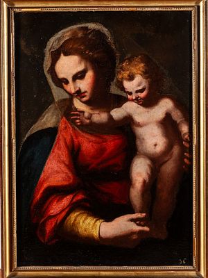Virgen con ni&ntilde;o. Escuela Italiana, S.XVII "Virgen con ni&ntilde;o" &Oacute;leo sobre lienzo 57 x 