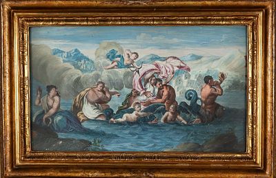 Escena mitol&oacute;gica. French School, 18th Century "Mythological Scene" Gouache for fan leaf 21,5 x 
