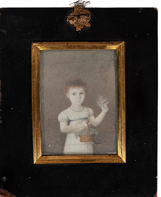 Early 19th-century Spanish miniature "Portrait of a girl with a basket of flowers" 8,5 x 6,5 cm 