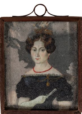 19th-century miniature "Portrait of a lady with a fan" 5 x 4,5 cm 150 - 200 €