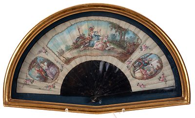 Fan with tortoiseshell sticks and guard sticks, the leaf painted with gallant scenes, 19th 