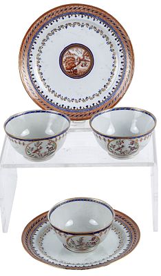 A set of three Chinese East India Company porcelain cups and two adapted saucers with gilt and 