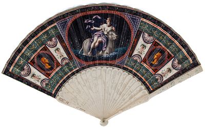 A French carved and pierced-bone fan with painted paper leaf depicting 'The Rape of Europe' 