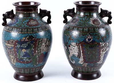 A pair of Japanese cloisonn&eacute; enamel and patinated bronze vases with elephant's 