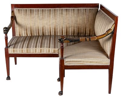A Ferdinand VII of Spain mahogany corner bench with fish-shaped carved, parcel-gilt and 