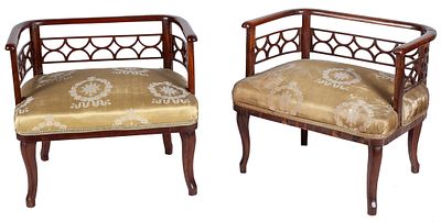 A pair of French mahogany "Lit &agrave; Chien" with pierced backrests, c.1900. Demages 45 x 37 