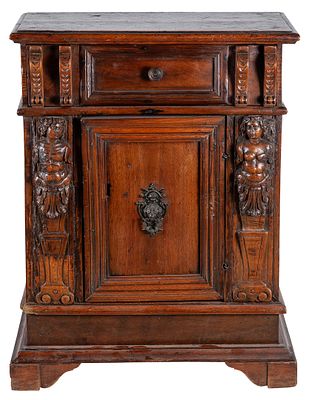 An early 17th Century Italian carved herm and single drawer walnut low cabinet 87 x 38 x 70 cm 