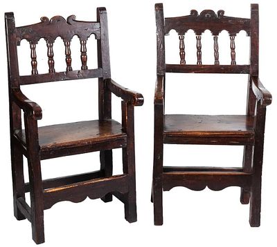 An 18th Century style walnut with openwork and turned backrest pair of "frailero" armchairs 111 