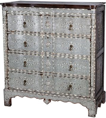 A Syrian mother-of-pearl inlaid bone and metal commode, early 20th century. Damages 128 x 54 x 