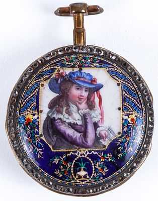 An enamel and strass pocket watch depicting a lady with a blue hat, 18th Century 7 x 6 cm 700 - 