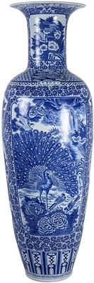 A large Japanese blue and white porcelain vase decorated with peacocks and peonies in 