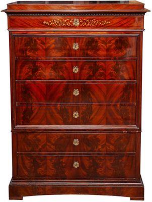 A 19th Century Northern European mahogany and fruitwood marquetry chiffonier with a fitted desk 