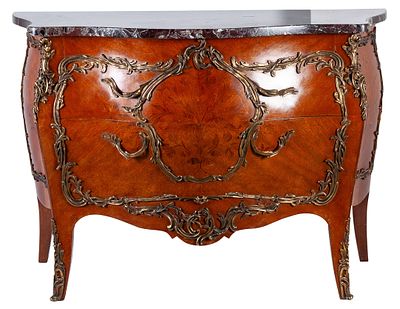 A Louis XV style flower marquetry and marble top gilt bronze mounted commode 96 x 60 x 110 cm 