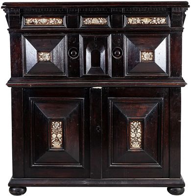 An English Charles II mother of pearl and bone-inlaid moulded oak chest-on-chest 123 x 62 x 115 
