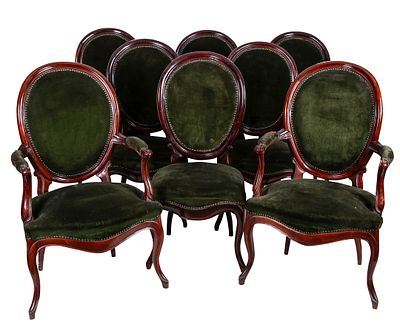 A set of Spanish "Isabeline" green velvet-upholstered mahogany chairs, comprising six chairs 