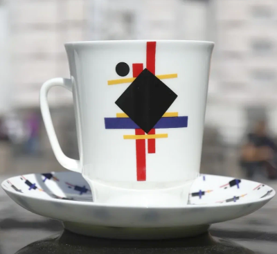 Кофейная Пара Супрематизм (рисунок Илья Чашкин) костяной фарфор ИФЗ (Императорский фарфоровый завод)