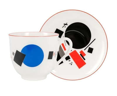 Кофейная пара. Форма "Ландыш", рисунок "Калейдоскоп с синим и черным диском". Костяной фарфор. 