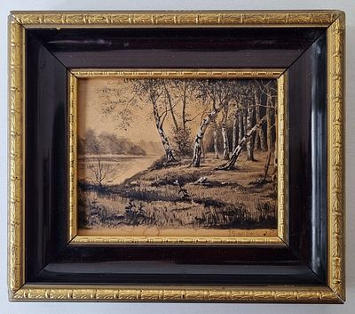 Василенко О.Б. Березки у реки 1903 год, картон, масло. сзади надпись Сибирь и ссылка 1903 год 