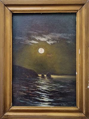 худ.Симонов П.? 1988 год, Лунная ночь, масло
холст на оргалите, размер 42х31,5 см. худ.Симонов 