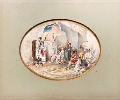 Картина Жанровая сцена. Постоялый двор. Середина XIX века. Бумага, акварель 
30 х 23 см (овал) 