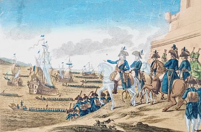 Антикварная гравюра.Вторжение в Англию, 1803 год Воображаемый вид на высадку Наполеона. Европа . 