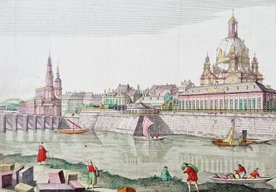 Антикварная гравюра. Дрезден, вид на старый город через Эльбу с Neust&auml;dter Ufer. Европа. Размер: 