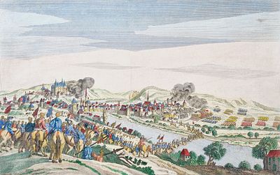 Антикварная гравюра. Общий вид, с обстрелом, "Vue perspective d' une Ville asieg&eacute;e". Франция. Раз 