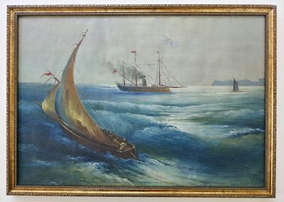 Картина "Корабли в море" масло, холст, конец 19,начало 20 века. 
Размер по раме: 62 х 44 см. 