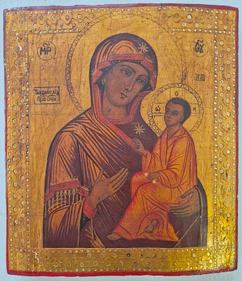 Икона на серебре Тихвинская Богоматерь, живопись, чеканка по серебру, 27х24 см