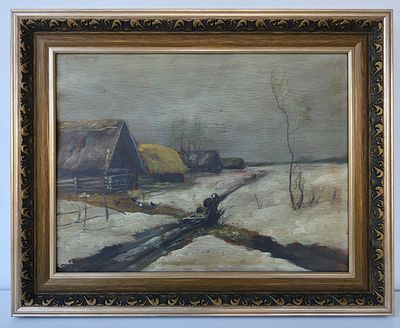 Картина Первый Снег, фанера, масло, начало 1900-е. Размер: 49,5 х 40 см.