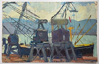Епишин Юрий (г.р.1937 год) Картина "Портовые Краны", бумага, масло, 1969 год. Размер: 70 х 44 см.
