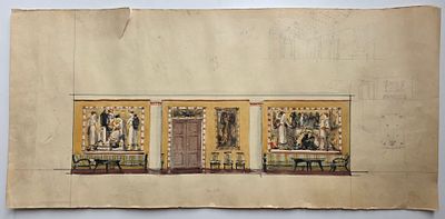 Хапугин Вениамин (г.р.1931 г) Эскиз Интерьера, бумага, акварель, 50-е годы. Размер: 59 х 28 см.