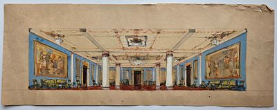 Хапугин Вениамин (г.р.1931 г) Эскиз Интерьера, бумага, акварель, белила, 50-е годы. Размер: 57,5 