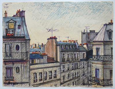 Хапугин Вениамин (г.р.1931 г) Картина "Париж" , бумага, фломастер, 1980 год. Размер: 31 х 24 см.