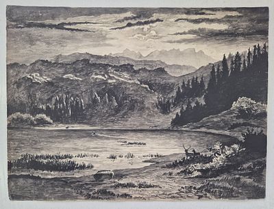 Рисунок старинный, Вальхенское озеро в лунную ночь , А.Соколов, 1903 год, акварель. 35.5х27 см