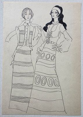 Дом моды Вячеслава Зайцева. Эскиз 1970 - 80 гг. Бумага, смешанная техника. Размер: 27 х 19 см.